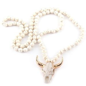 Bohemian Tribal White Beaded Stone Horn Necklace